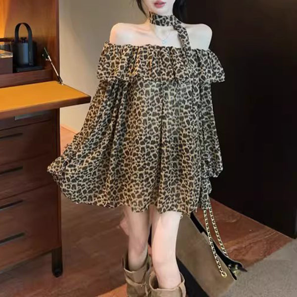 Retro Sexy Leopard Print Off-Shoulder T-Shirt With Belt