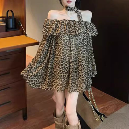 Retro Sexy Leopard Print Off-Shoulder T-Shirt With Belt