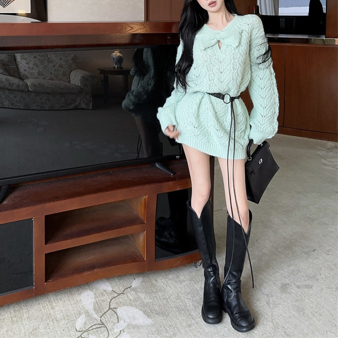 Lazy Style Sweet And Sexy Bow Knitted Sweater Dress