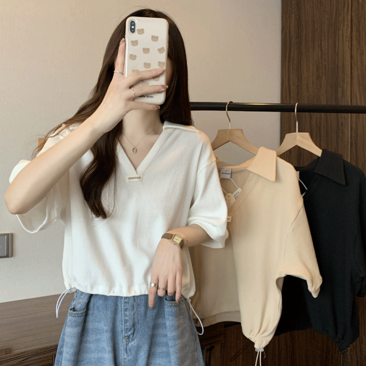 Letter-Print Drawstring Polo T-Shirt