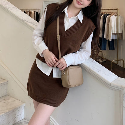 Casual-Chic Three-Piece Set Featuring A Knit Vest And A Mini Skirt