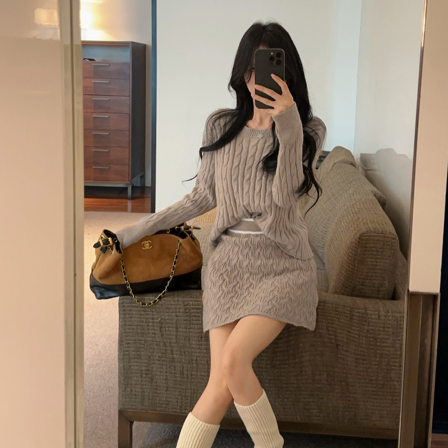 Retro Sexy Round Neck Cable Knit Top High Waist Miniskirt Set