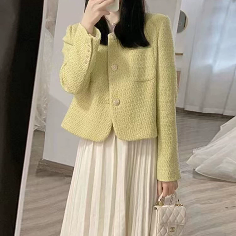 Stylish And Casual Yellow Tweed Suit Jacket