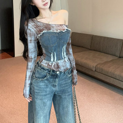 Printed Denim Long-Sleeved T-Shirt