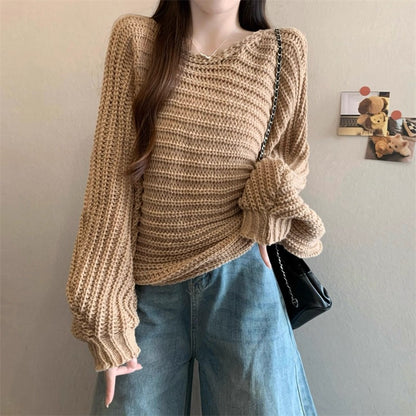 V-Neck Bow-Tie Knit Long-Sleeved Top