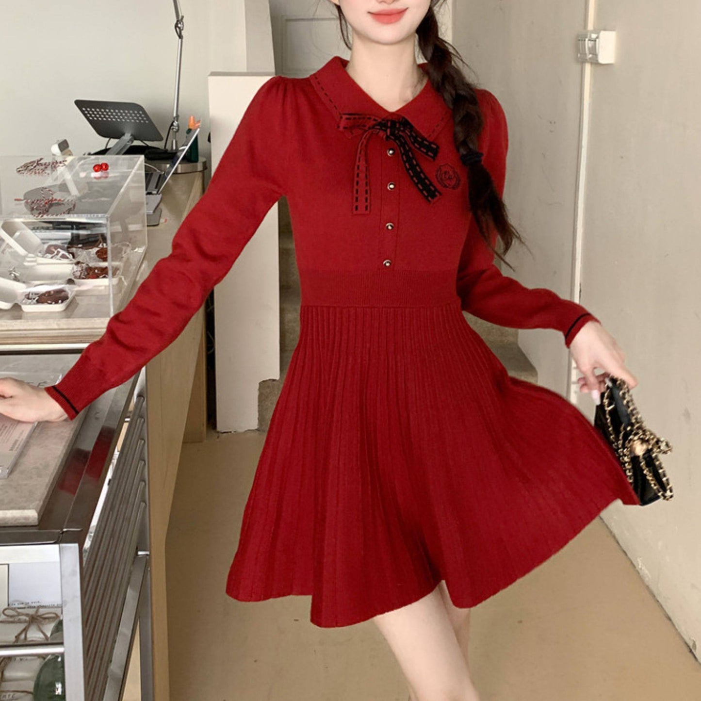 Polo-Neck Knitted Black Dress