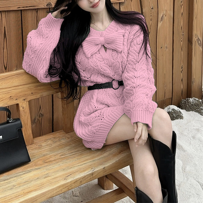 Lazy Style Sweet And Sexy Bow Knitted Sweater Dress