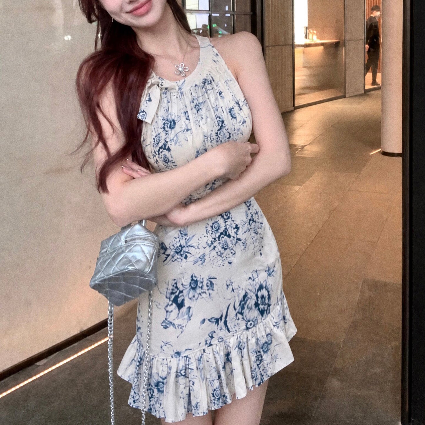 New Chinese-Style Ink-Wash Print Off-Shoulder Sleeveless Dress