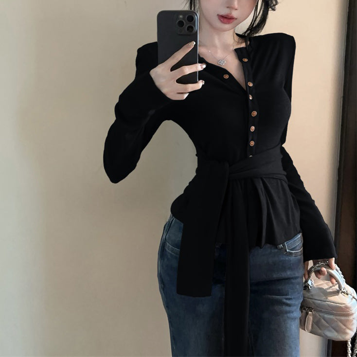 Single-Breasted Fashionable Sexy Chic Long-Sleeved Tie T-Shirt