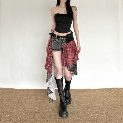 Irregular Waist Cross Tie Plaid Skirt
