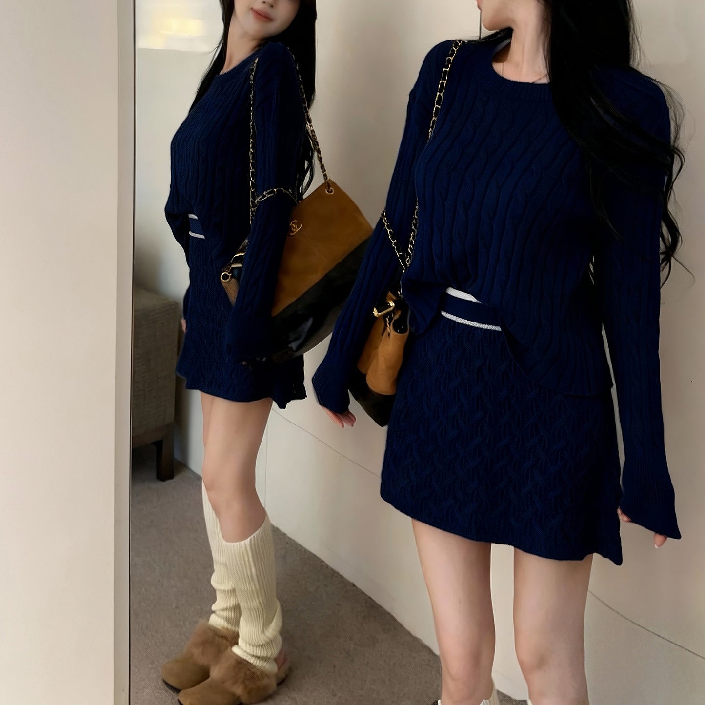 Retro Sexy Round Neck Cable Knit Top High Waist Miniskirt Set