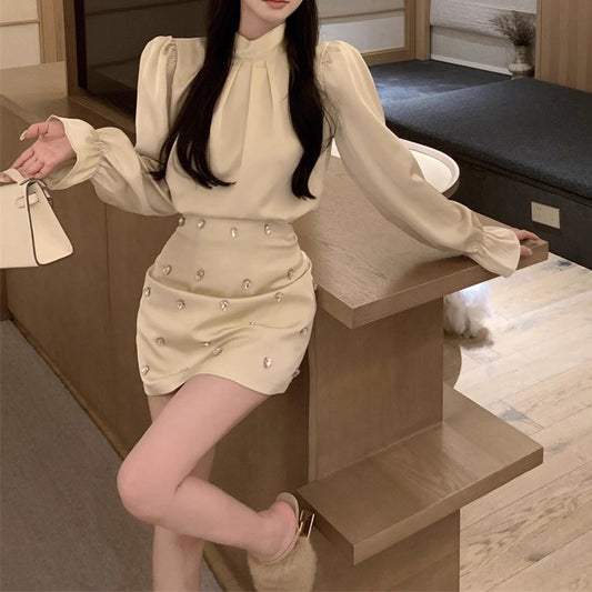 Puff Sleeve Satin Shirt Dress Two-Piece Set