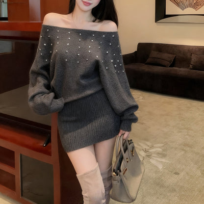 French-Style Sexy Off-Shoulder Rhinestone Knit Dress