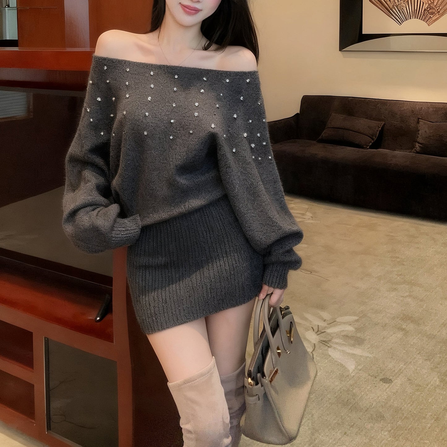 French-Style Sexy Off-Shoulder Rhinestone Knit Dress
