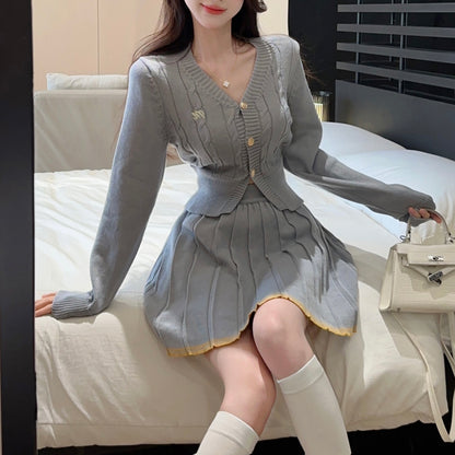 Fashionable And Sexy V-Neck Single-Breasted Knitted Cardigan Top And Skirt Two-Piece Set