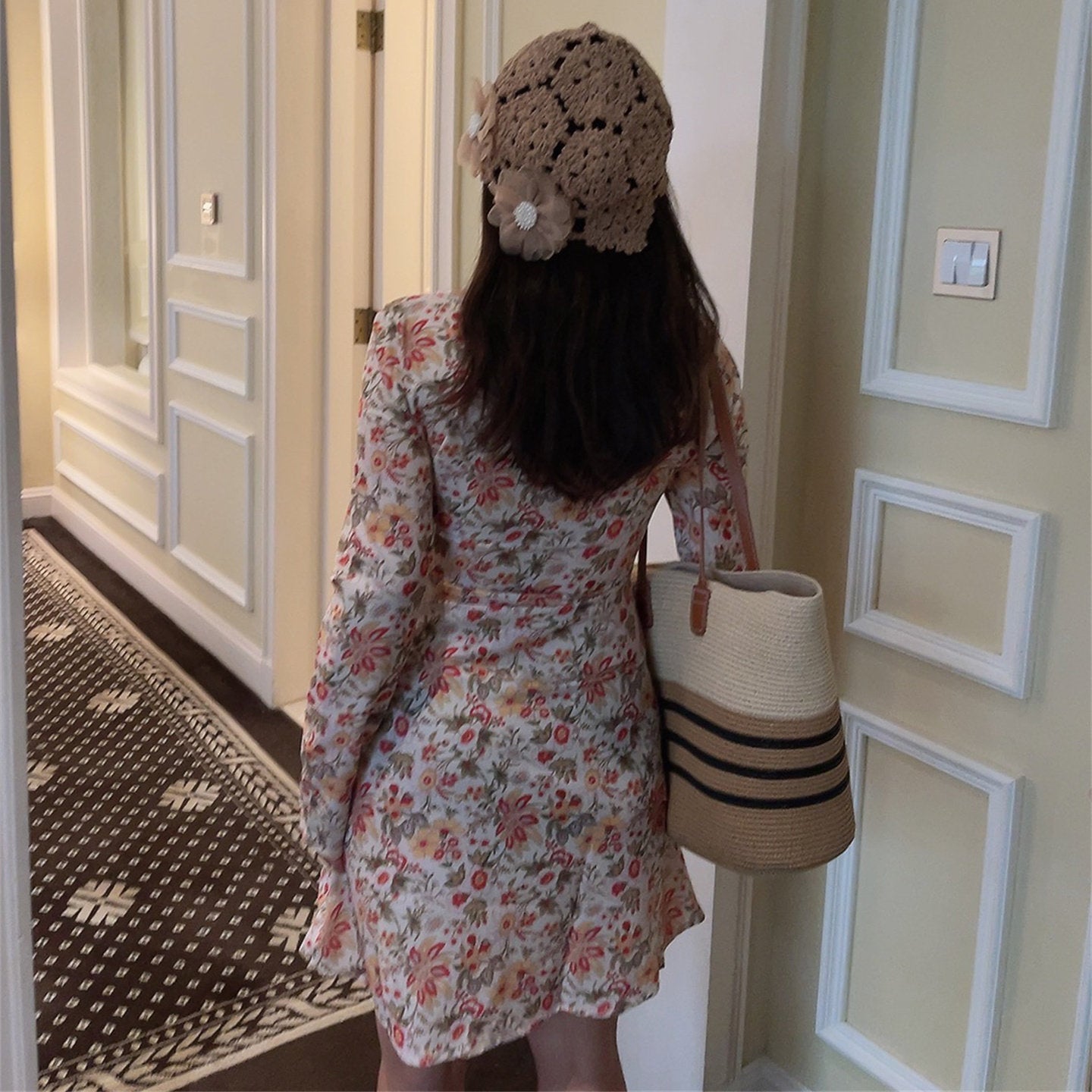 French Retro V-Neck Fitted Waist Floral Dress