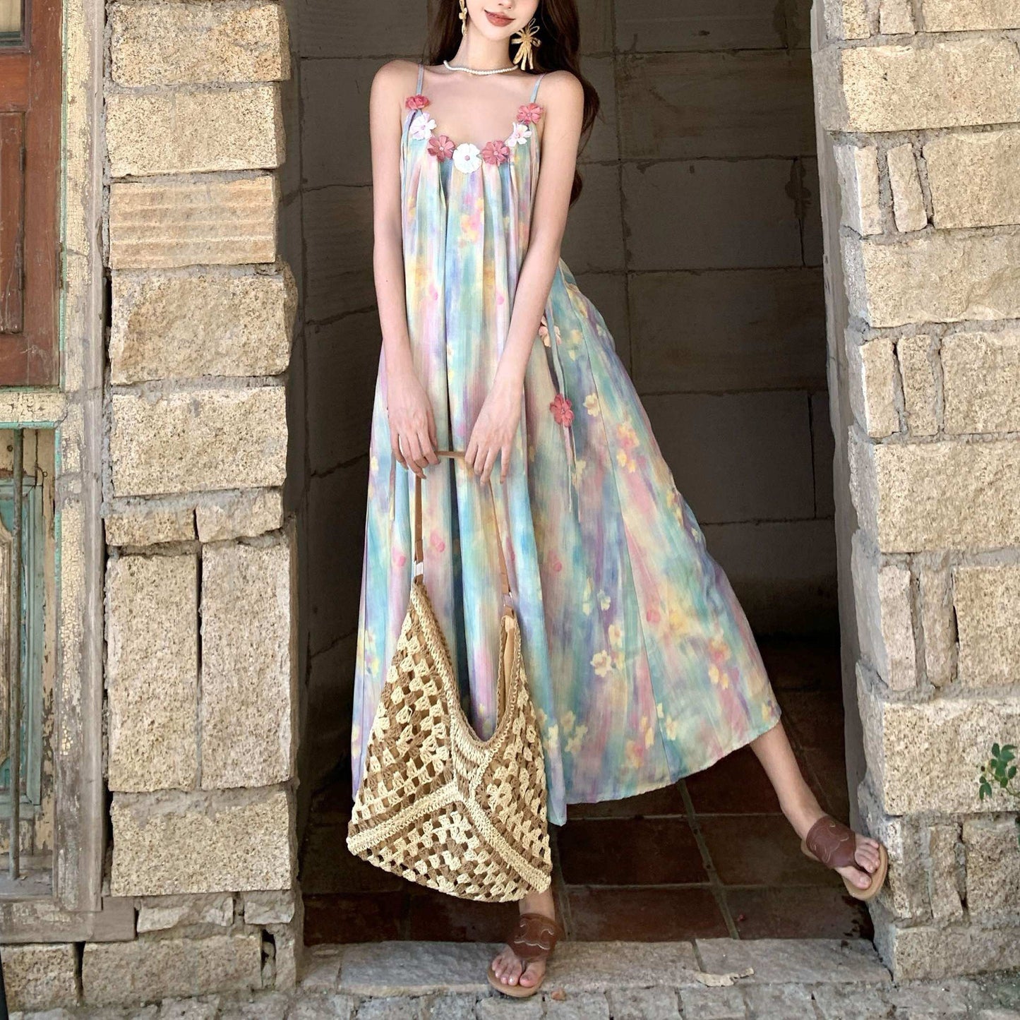 Seaside Vacation Oil Painting Bohemian Style Dress