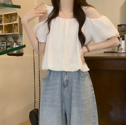 Chic Pink Off-the-Shoulder Puff-Sleeve Blouse