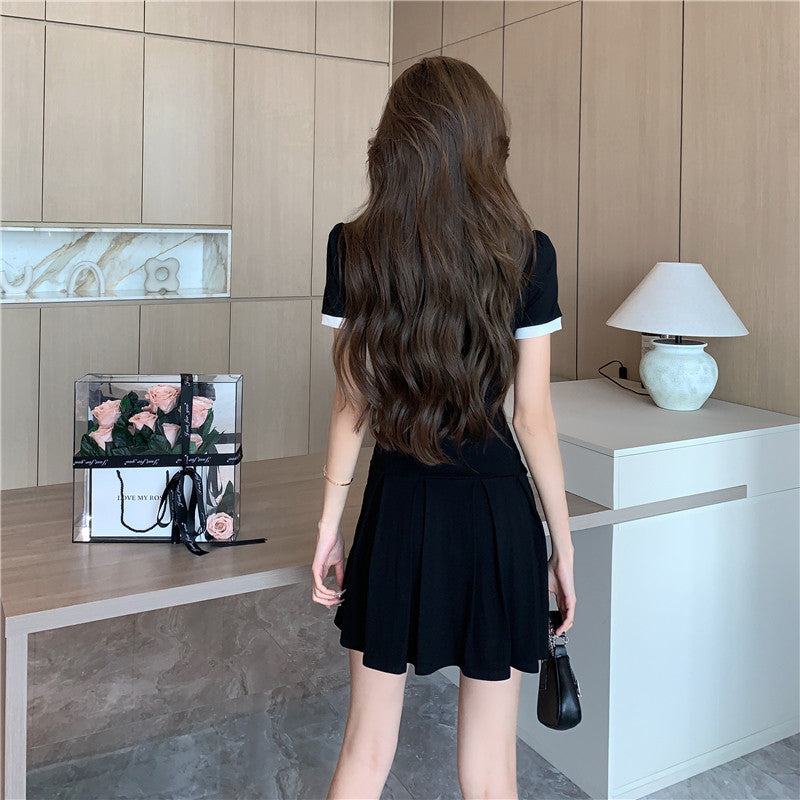Audrey Hepburn-Style Black Color-Block Polo Dress
