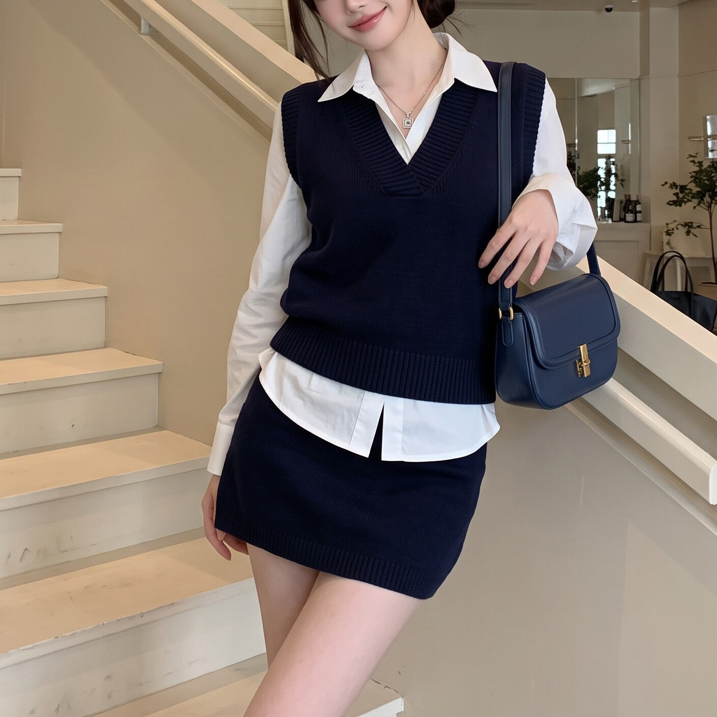 Casual-Chic Three-Piece Set Featuring A Knit Vest And A Mini Skirt