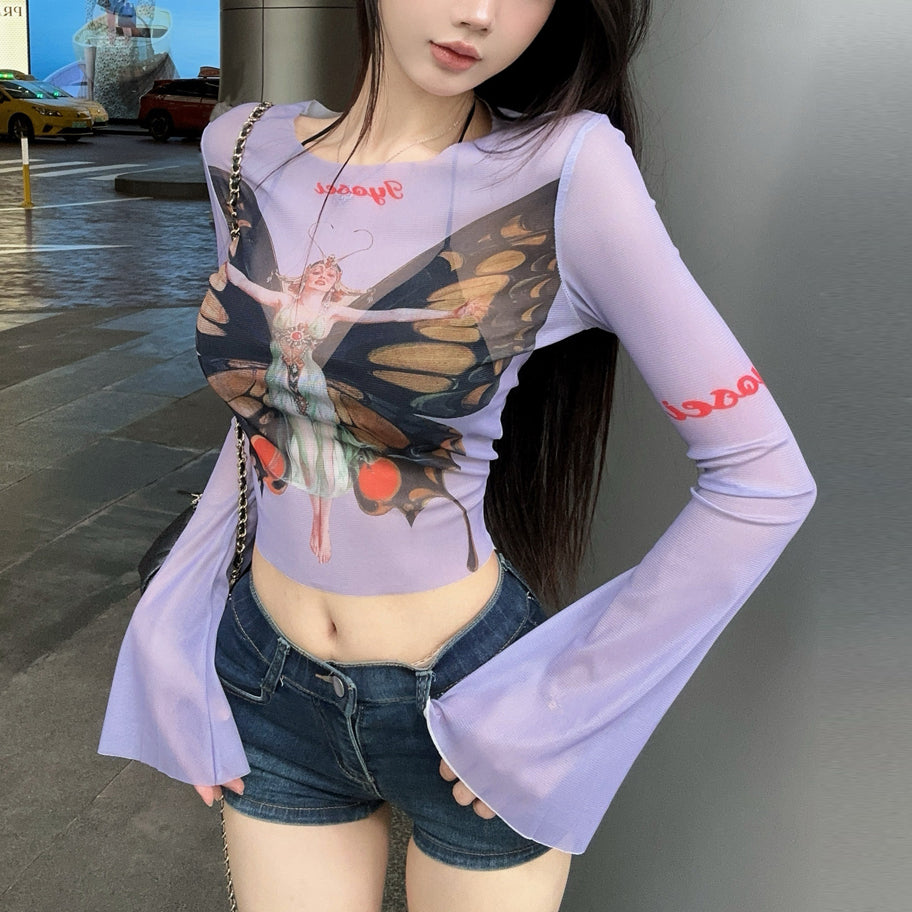 Sexy Sunscreen Butterfly Print Cover-Up T-Shirt