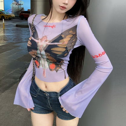 Sexy Sunscreen Butterfly Print Cover-Up T-Shirt