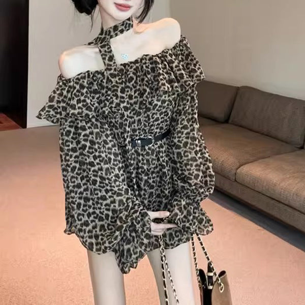 Retro Sexy Leopard Print Off-Shoulder T-Shirt With Belt