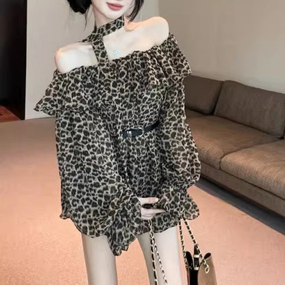 Retro Sexy Leopard Print Off-Shoulder T-Shirt With Belt