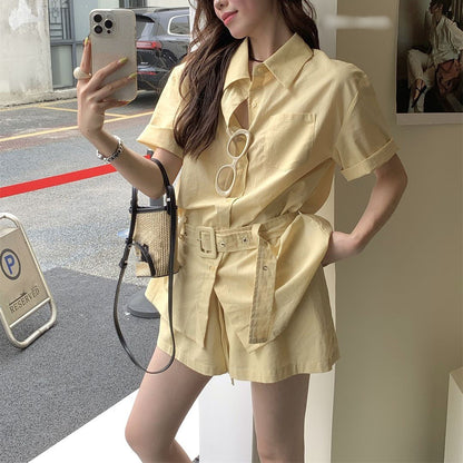 Collared Short-Sleeve Shirt And High-Waisted Shorts Set