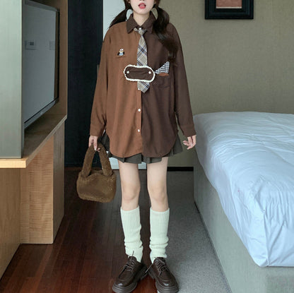 Retro Embroidered Corduroy Color-Blocked Tie Shirt