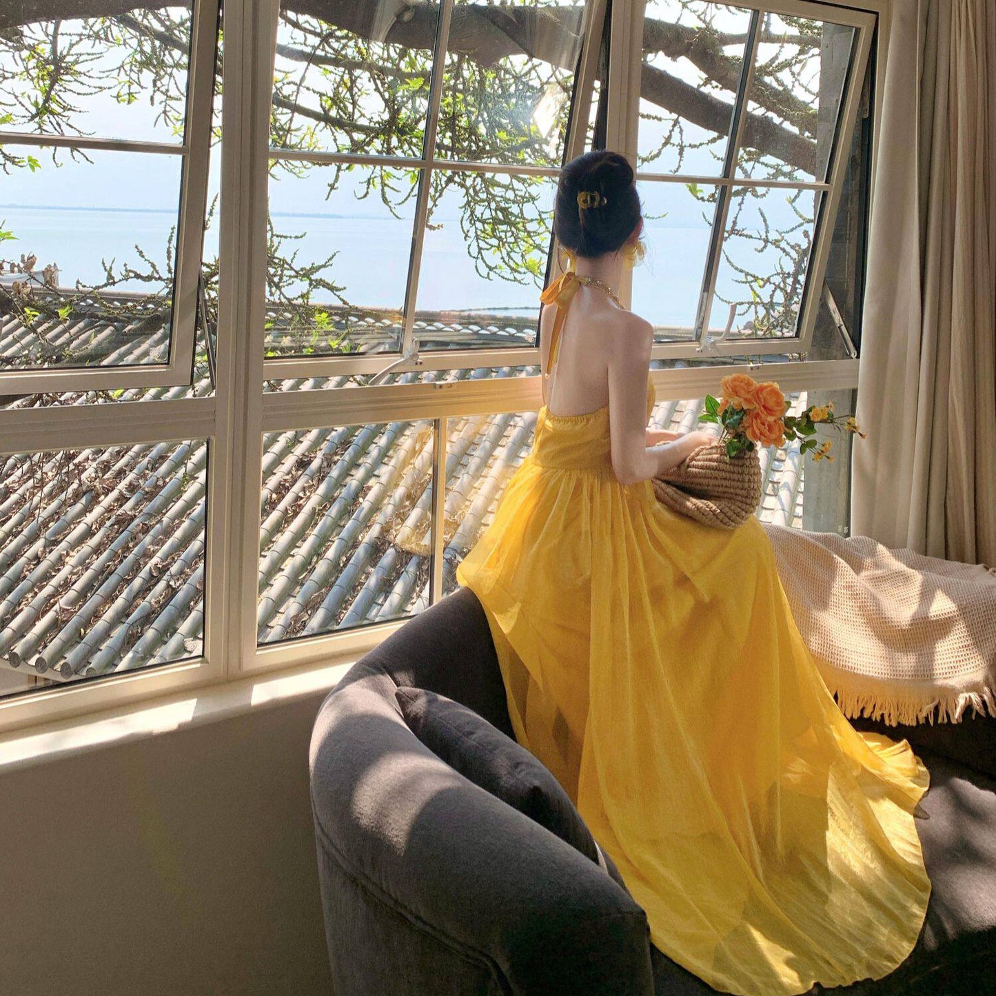 Yellow V-Neck Chiffon Vacation Dress