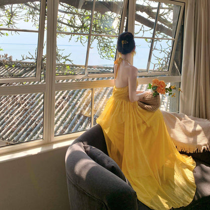 Yellow V-Neck Chiffon Vacation Dress