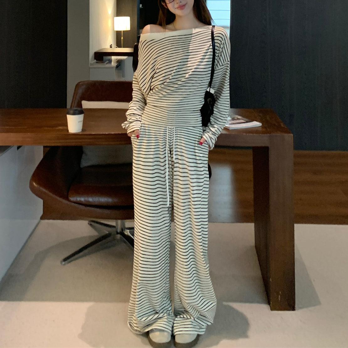 Sexy Color-Block Striped Wide-Leg Trouser Set