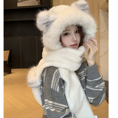Cute Fox Windproof Winter Scarf Gloves Integrated Warm Plush Three-Piece Set