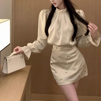 Puff Sleeve Satin Shirt Dress Two-Piece Set