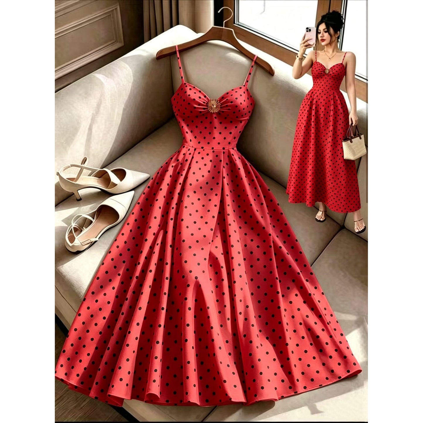 Hepburn-Style Sleeveless Polka-Dot Print Camisole Dress