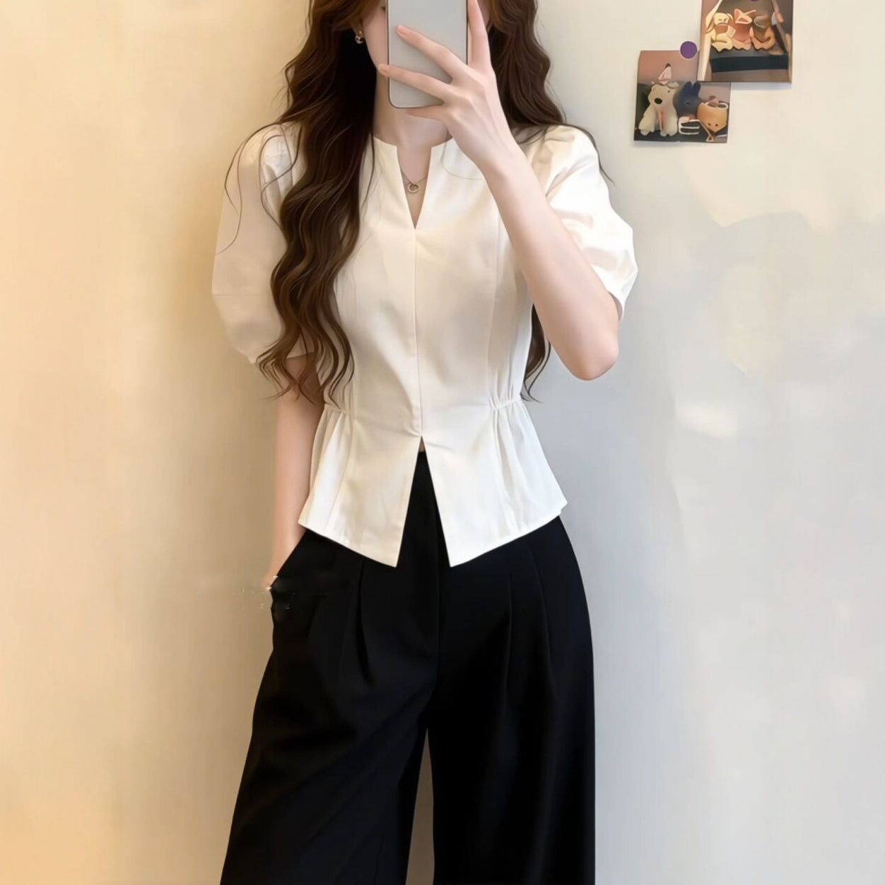 White Puff-Sleeve Short-Sleeve Shirt