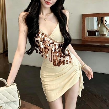 Mesh Tassel Sequined Slip Dress