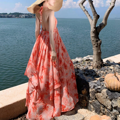 Spaghetti Strap V-Neck Backless Vacation Dress