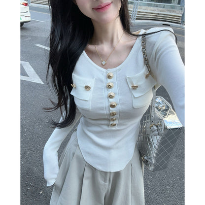 Metallic Single-Breasted Crew-Neck Knit T-Shirt