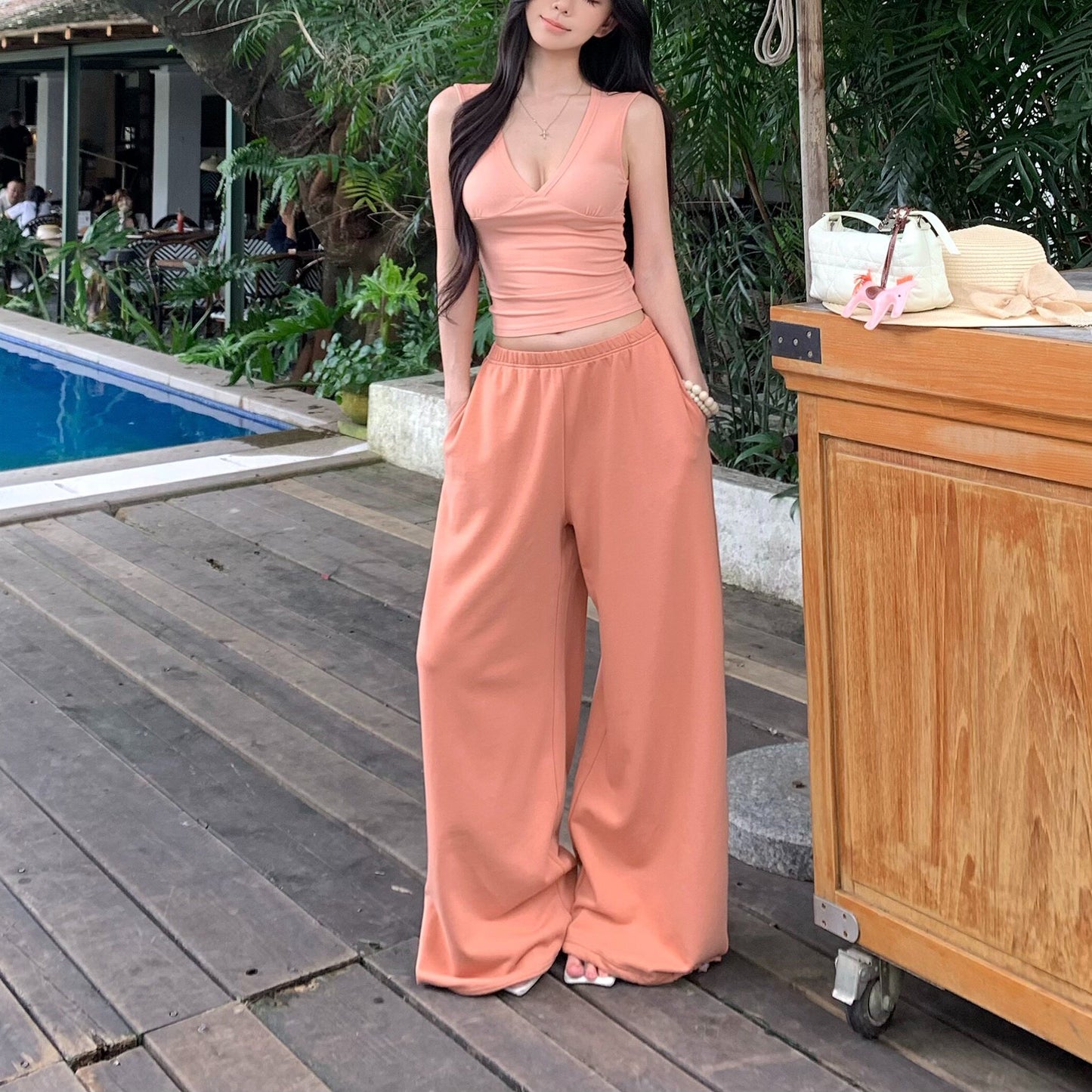 Sexy V-Neck Tank Top And Loose Trousers Set