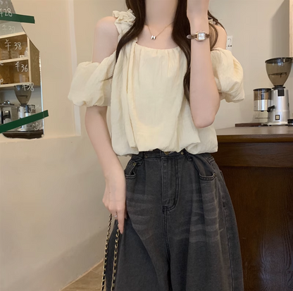 Chic Pink Off-the-Shoulder Puff-Sleeve Blouse