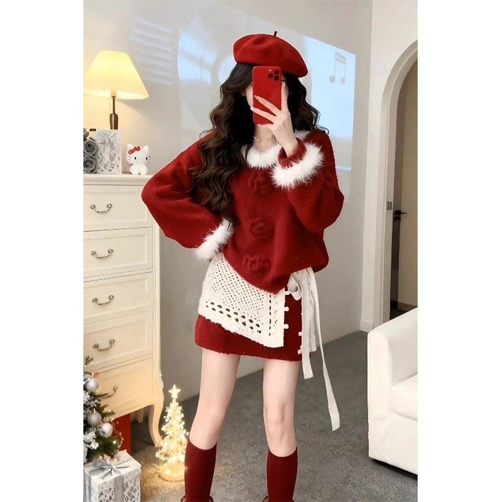 Christmas Top and High-Waisted Skirt Two-Piece Set