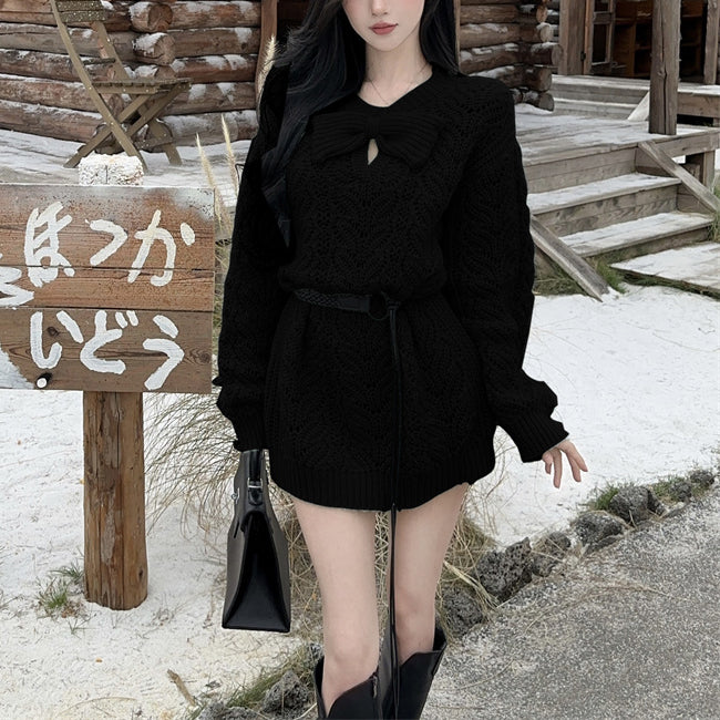 Lazy Style Sweet And Sexy Bow Knitted Sweater Dress