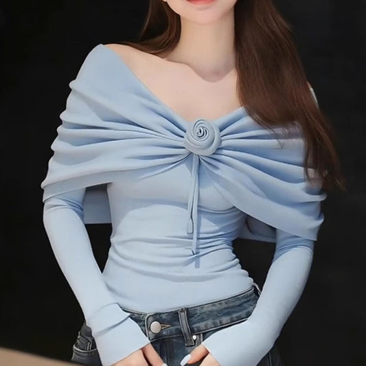 Sexy One-Shoulder 3d Floral Long-Sleeved Sweater