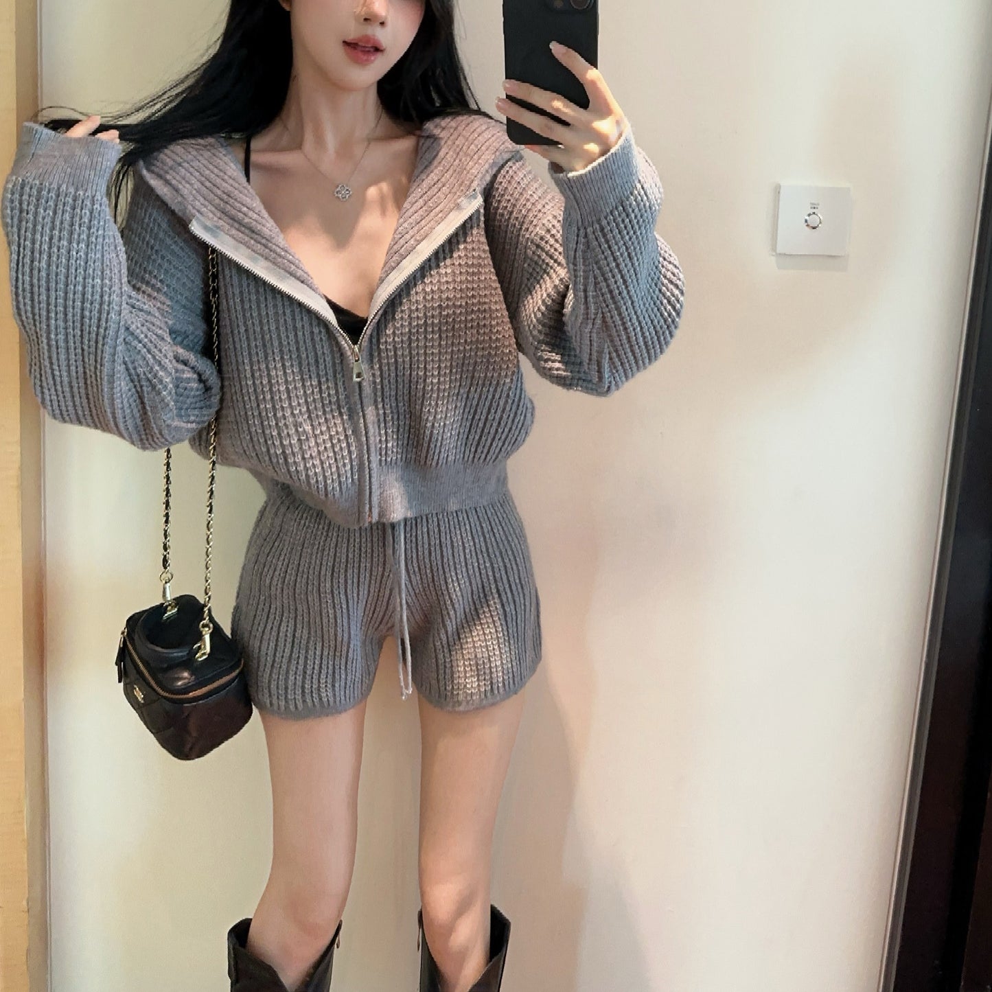 Casual Fashion Hooded Loose Long Sleeve Knitted Cardigan Sweater Drawstring Shorts Two-Piece Set