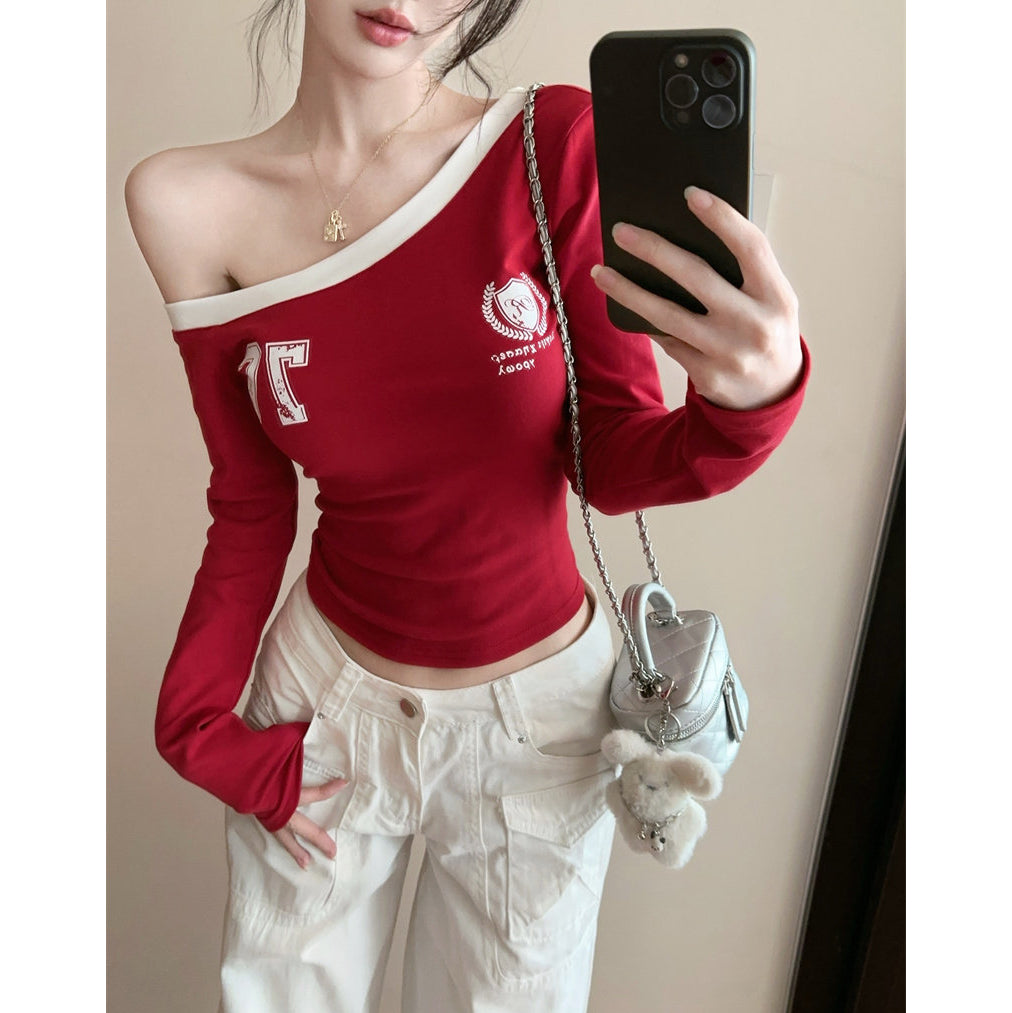 Sexy Color-Block One-Shoulder Long-Sleeve T-Shirt