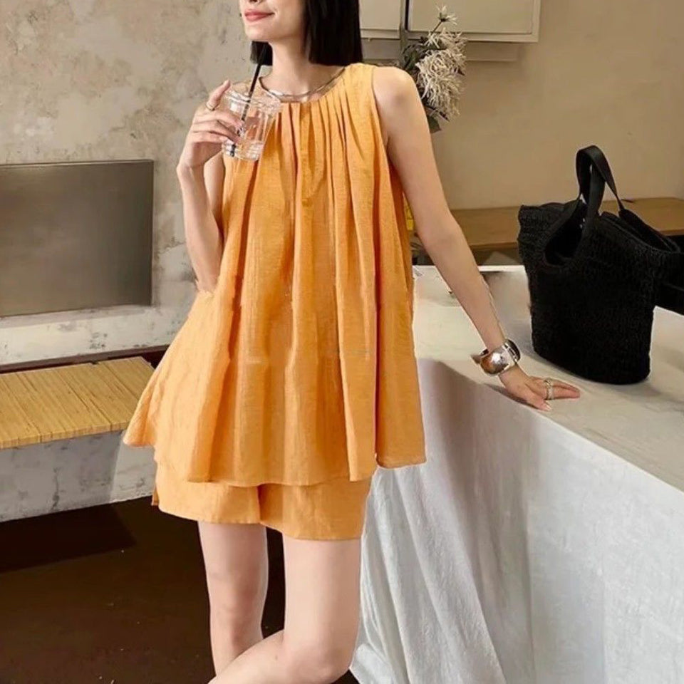 Sleeveless Cotton-Linen Top & Loose Shorts Two-Piece Set