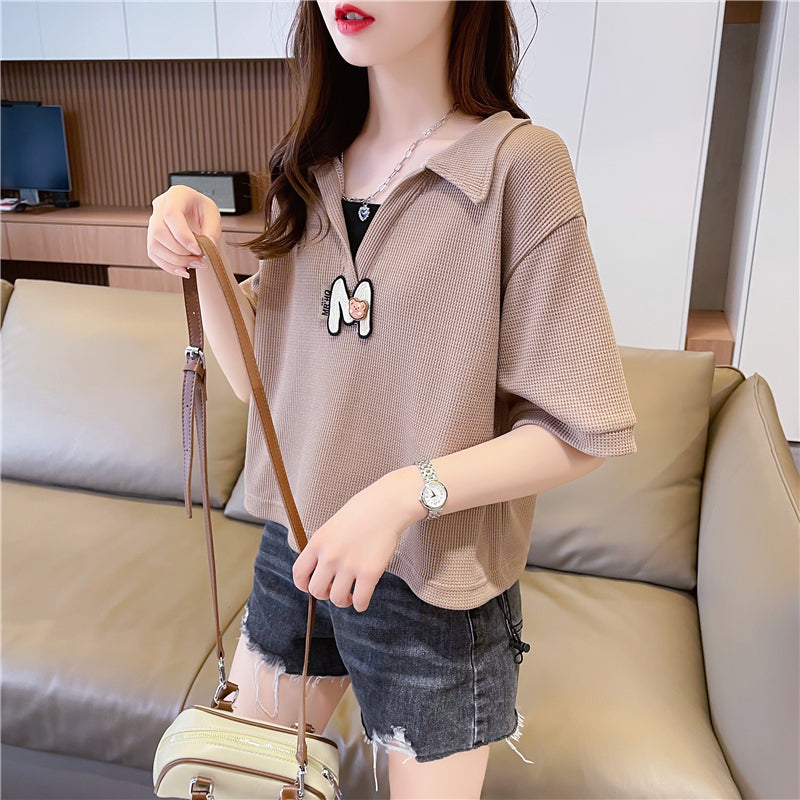 Loose Oversized Polo Neck Short-Sleeved Top