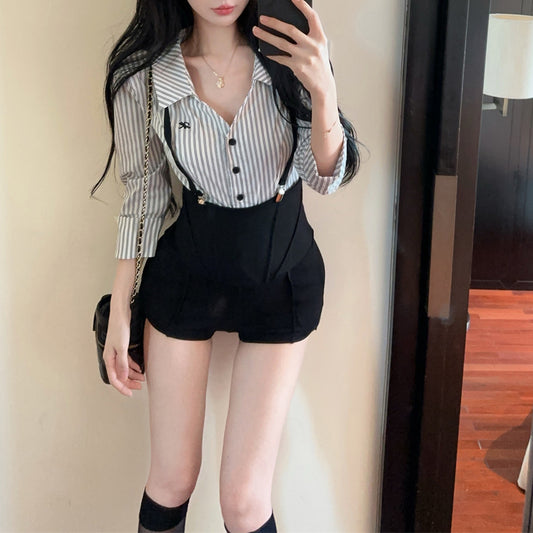 Sexy Contrasting Lapel Shirt And High-Waisted Overalls Shorts Set